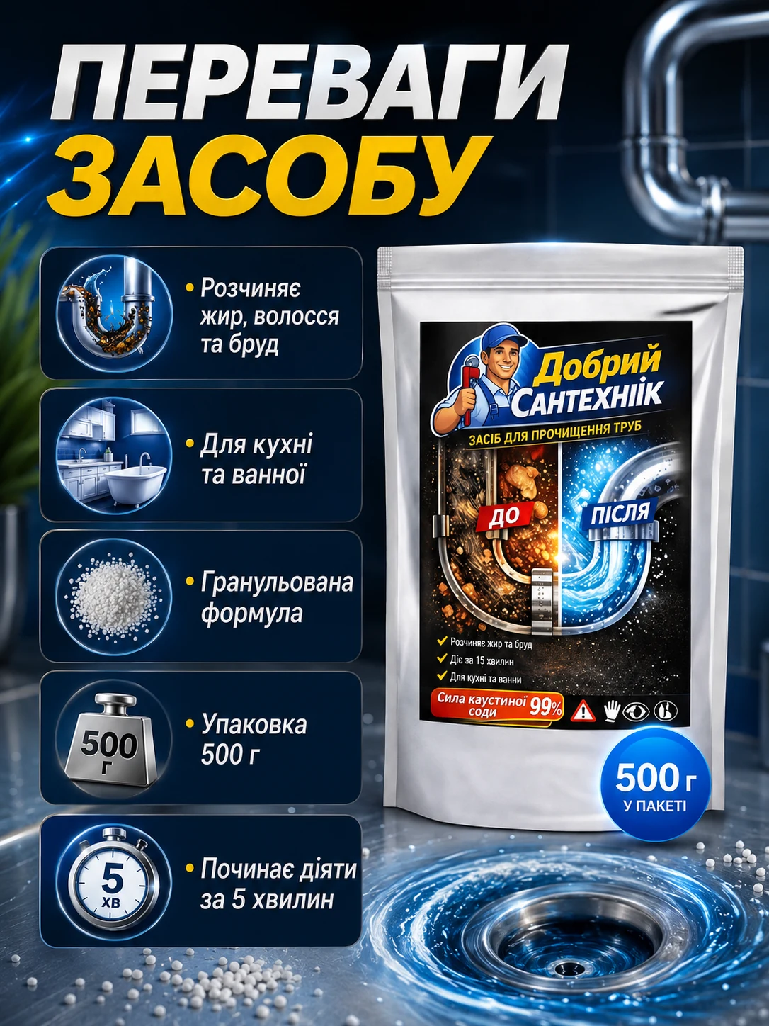 Переваги засобу Добрий Сантехнік